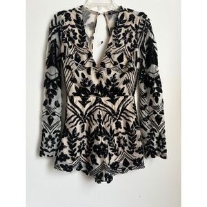 Banjul Black Sequin Romper Long Sleeve Plunge Neck Party Cocktail S